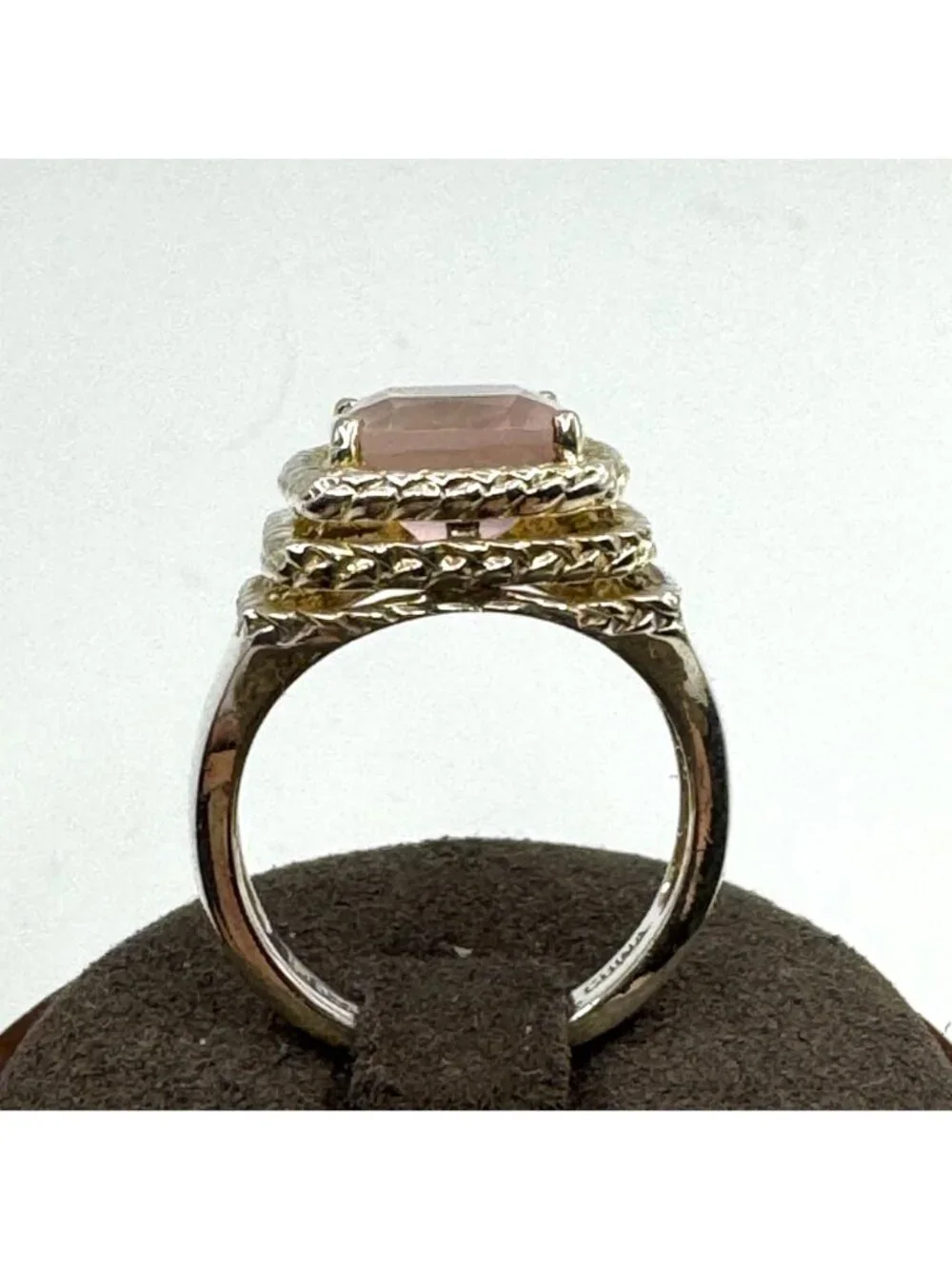 Rose Quartz Prong Set Ring Two Tone 925 Sterling Silver Size 8